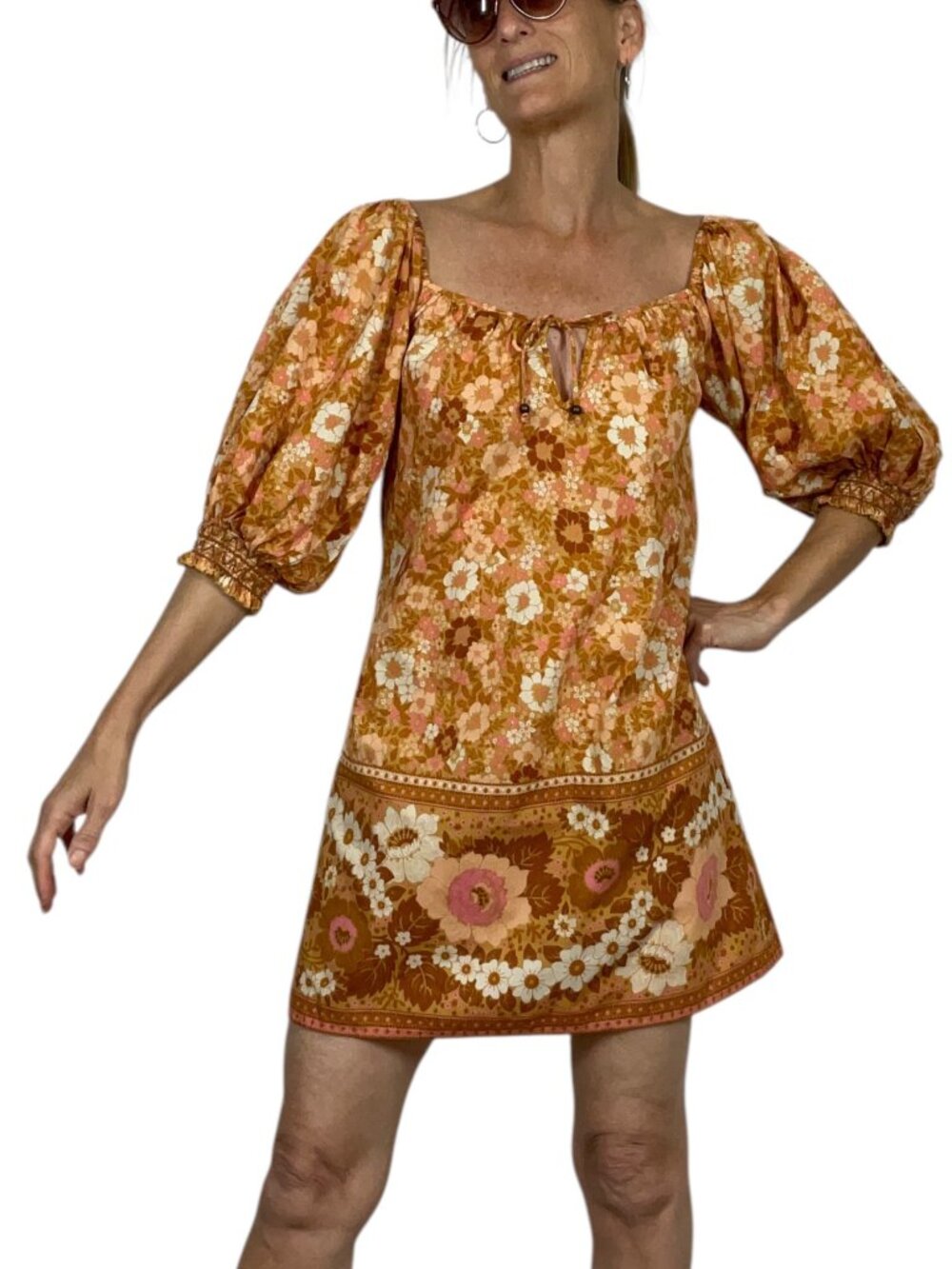 Spell and The Gypsy Anne Tunic Dress M Tan Floral Mini Off The Shoulder - Picture 4 of 16